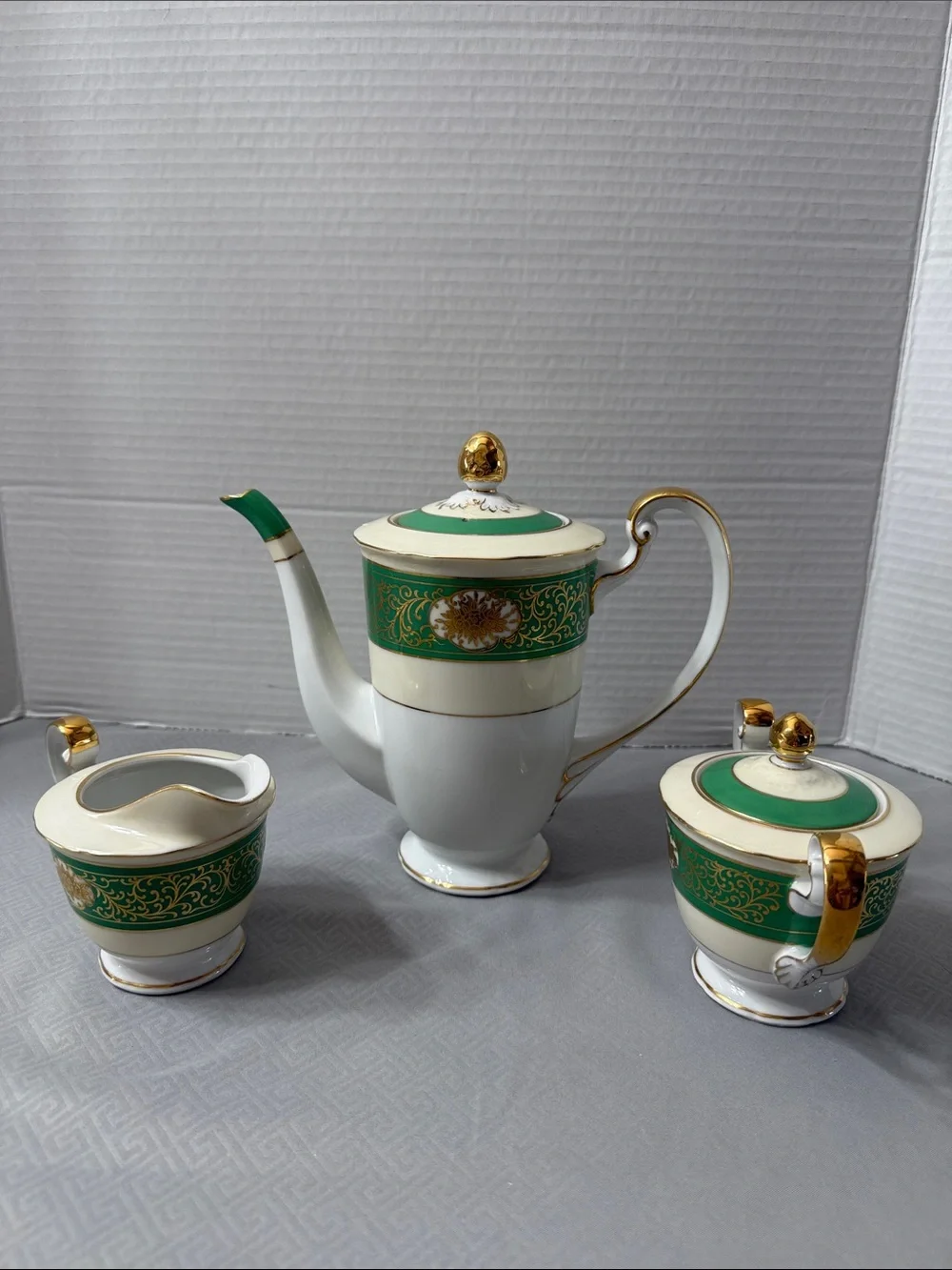 Vintage Albion China Porcelain Coffee/Tea 3 Pc Service Emerald Green Gold Japan